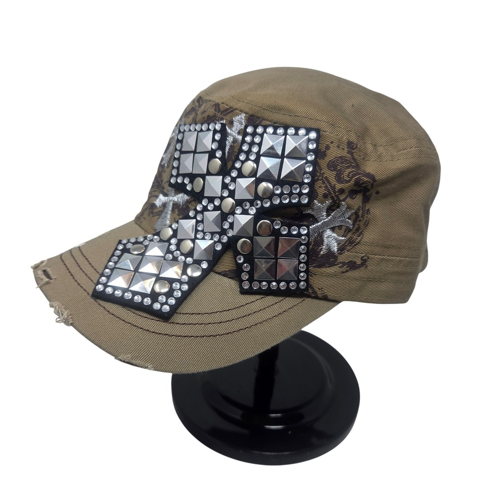 Leader Cadet Hat Women OS Tan Studded Cross Distressed Gothic Biker LEA